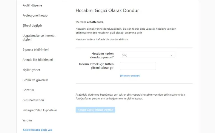 instagram hesap dondurma