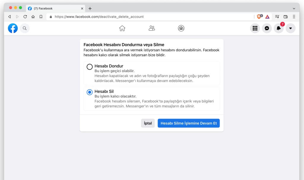 facebook hesap silme
